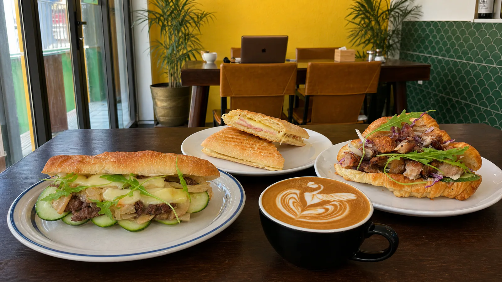 Baguette, panini, bánh sừng trâu kẹp và cappuccino tại Gấu Kafe